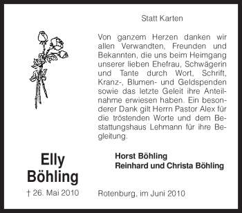 Traueranzeige von Elly Böhling von KREISZEITUNG SYKE