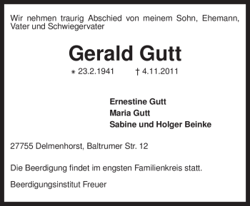 Traueranzeige von Gerald Gutt von KREISZEITUNG SYKE