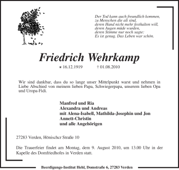 Traueranzeige von Friedrich Wehrkamp von KREISZEITUNG SYKE