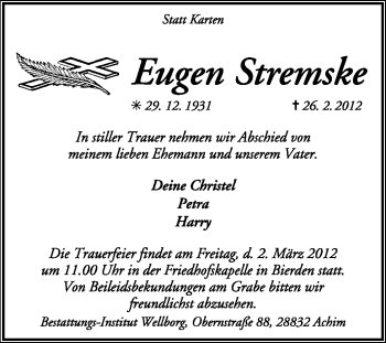 Traueranzeige von Eugen Stremske von KREISZEITUNG SYKE