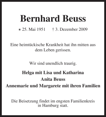 Traueranzeige von Bernhard Beuss von KREISZEITUNG SYKE