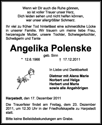 Traueranzeige von Angelika Polenske von KREISZEITUNG SYKE