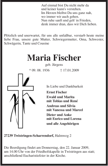 Traueranzeige von Maria Fischer von KREISZEITUNG SYKE