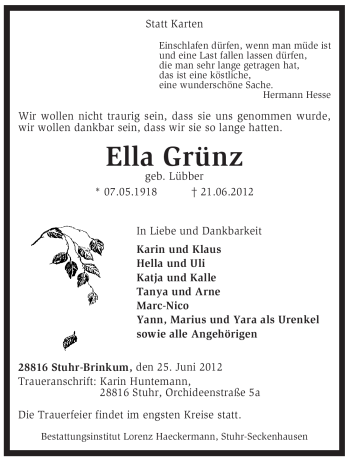 Traueranzeige von Ella Grünz von KREISZEITUNG SYKE