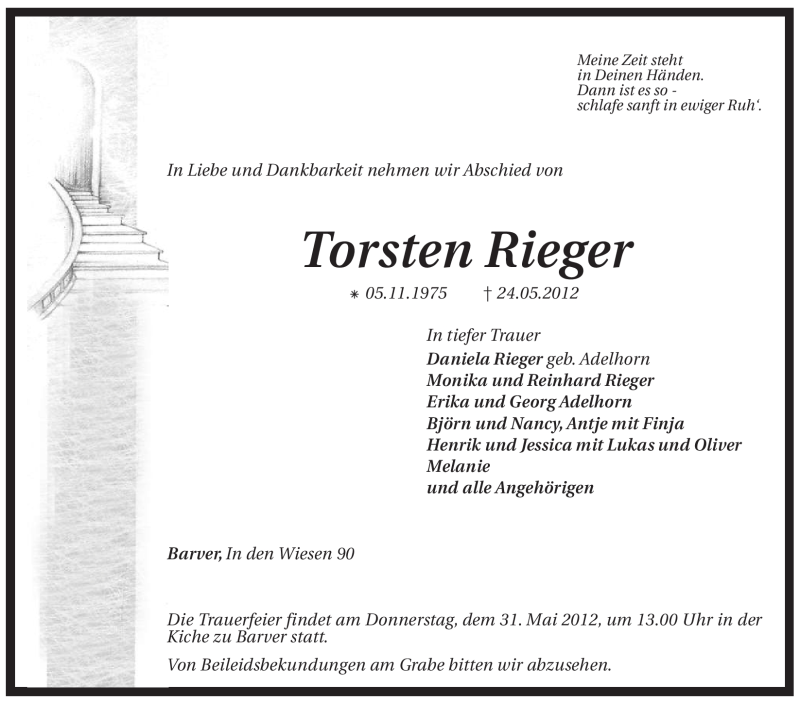  Traueranzeige für Torsten Rieger vom 26.05.2012 aus KREISZEITUNG SYKE