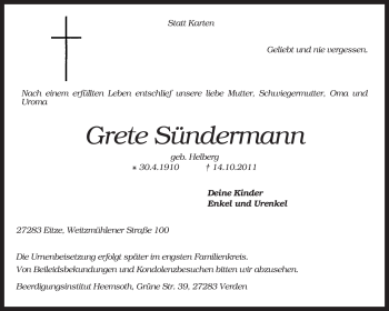 Traueranzeige von Grete Sündermann von KREISZEITUNG SYKE