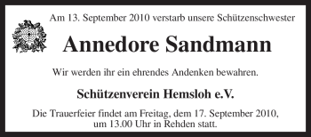 Traueranzeige von Annedore Sandmann von KREISZEITUNG SYKE