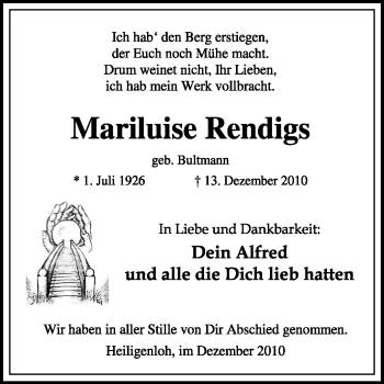 Traueranzeige von Mariluise Rendigs von KREISZEITUNG SYKE