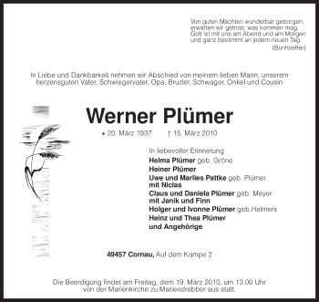 Traueranzeige von Werner Plümer von KREISZEITUNG SYKE