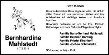 Traueranzeige von Bernhardine Mahlstedt von KREISZEITUNG SYKE