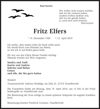 Traueranzeige von Fritz Elfers von KREISZEITUNG SYKE