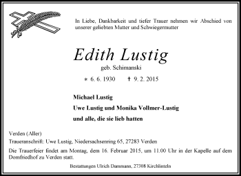 Traueranzeige von Edith Lustig von KRZ