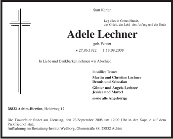 Traueranzeige von Adele Lechner von KREISZEITUNG SYKE