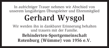 Traueranzeige von Gerhard Wysgol von KREISZEITUNG SYKE