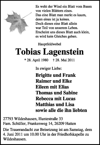 Traueranzeige von Tobias Lagenstein von KREISZEITUNG SYKE