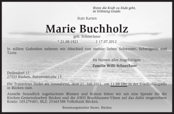 Traueranzeige von Marie Buchholz von KREISZEITUNG SYKE