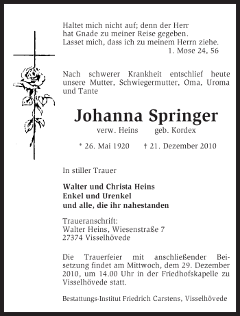 Traueranzeige von Johanna Springer von KREISZEITUNG SYKE