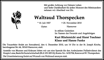 Traueranzeige von Waltraud Thorspecken von KREISZEITUNG SYKE