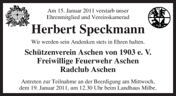 Traueranzeige von Herbert Speckmann von KREISZEITUNG SYKE