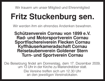 Traueranzeige von Fritz Stuckenburg von KREISZEITUNG SYKE