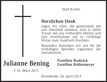 Traueranzeige von Julianne Bening von KRZ