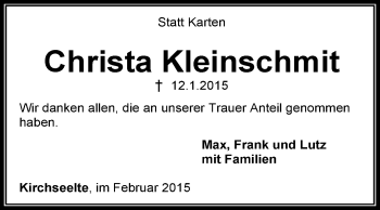 Traueranzeige von Christa Kleinschmit von KRZ