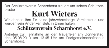 Traueranzeige von Kurt Wieters von KREISZEITUNG SYKE