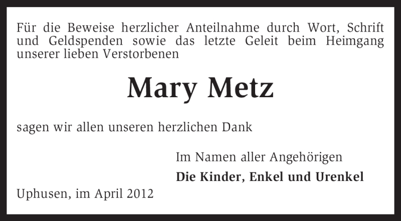  Traueranzeige für Mary Metz vom 14.04.2012 aus KREISZEITUNG SYKE