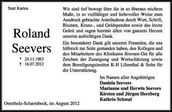 Traueranzeige von Roland Seevers von KREISZEITUNG SYKE