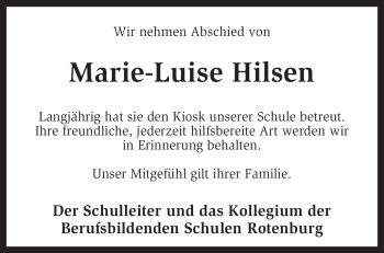 Traueranzeige von Marie-Luise Hilsen von KREISZEITUNG SYKE