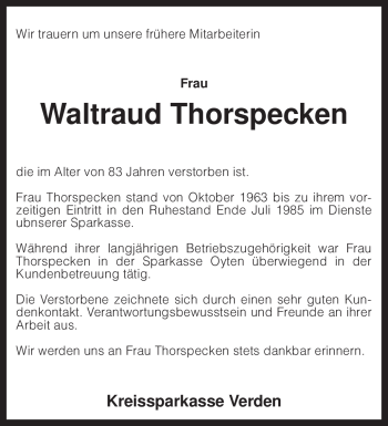 Traueranzeige von Waltraud Thorspecken von KREISZEITUNG SYKE