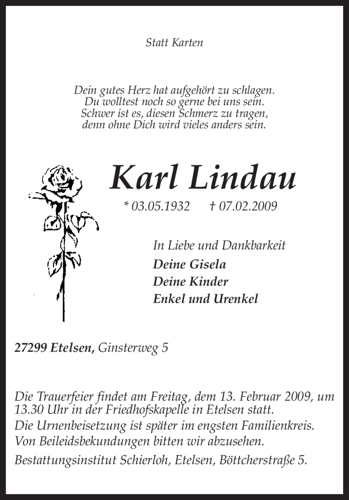  Traueranzeige für Karl Lindau vom 11.02.2009 aus KREISZEITUNG SYKE