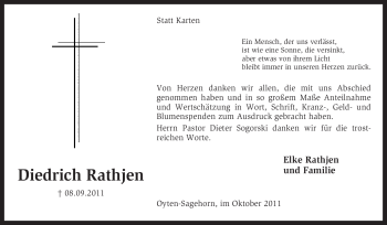 Traueranzeige von Diedrich Rathjen von KREISZEITUNG SYKE