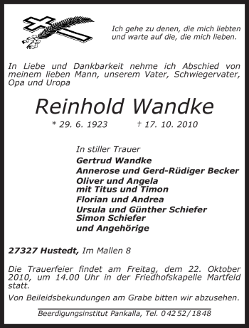 Traueranzeige von Reinhold Wandke von KREISZEITUNG SYKE