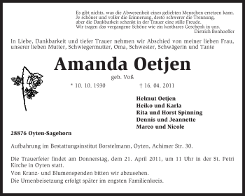 Traueranzeige von Amanda Oetjen von KREISZEITUNG SYKE