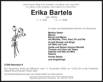 Traueranzeige von Erika Bartels von KREISZEITUNG SYKE