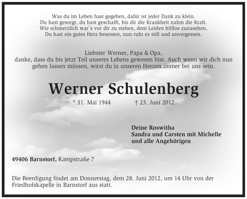 Traueranzeige für Werner Schulenberg vom 25.06.2012 aus KREISZEITUNG SYKE