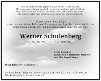 Traueranzeige von Werner Schulenberg von KREISZEITUNG SYKE