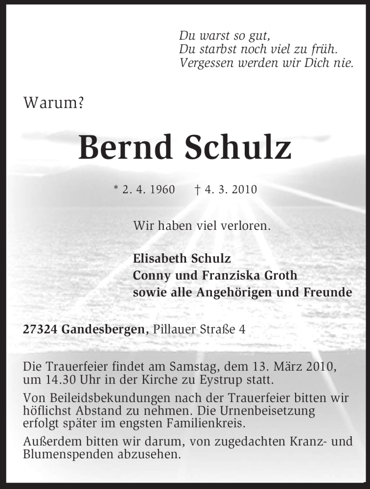  Traueranzeige für Bernd Schulz vom 09.03.2010 aus KREISZEITUNG SYKE