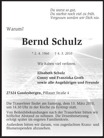 Traueranzeige von Bernd Schulz von KREISZEITUNG SYKE