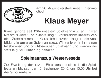 Traueranzeige von Klaus Meyer von KREISZEITUNG SYKE