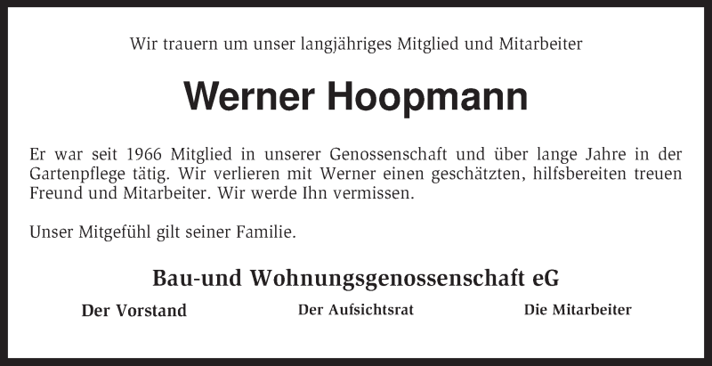  Traueranzeige für Werner Hoopmann vom 30.04.2015 aus KRZ