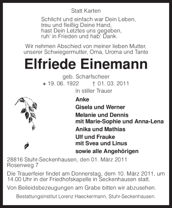 Traueranzeige von Elfriede Einemann von KREISZEITUNG SYKE