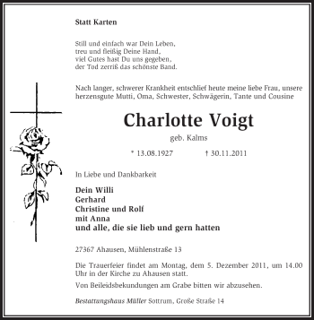 Traueranzeige von Charlotte Voigt von KREISZEITUNG SYKE