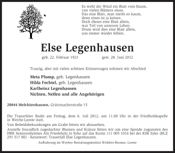 Traueranzeige von Else Legenhausen von KREISZEITUNG SYKE