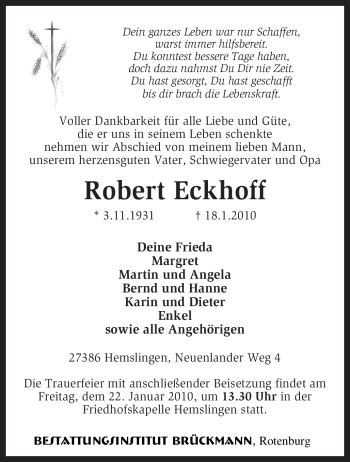 Traueranzeige von Robert Eckhoff von KREISZEITUNG SYKE