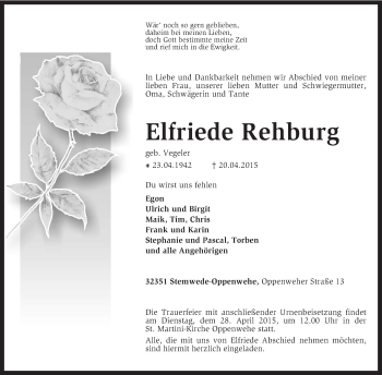 Traueranzeige von Elfriede Rehburg von KRZ