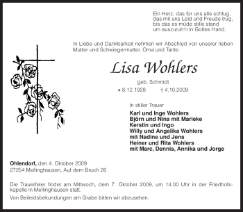 Traueranzeige von Lisa Wohlers von KREISZEITUNG SYKE