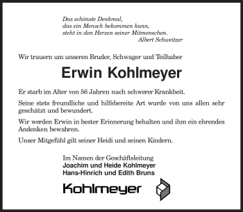 Traueranzeige von Erwin Kohlmeyer von KREISZEITUNG SYKE