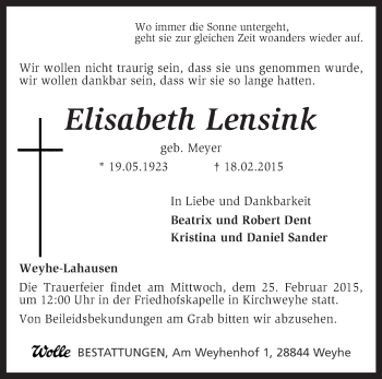 Traueranzeige von Elisabeth Lensink von KRZ